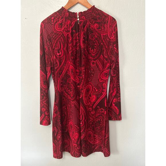 Tommy Hilfiger Red Black Paisley Long Sleeve Keyhole Back Shift Dress Size 8 - Picture 8 of 10